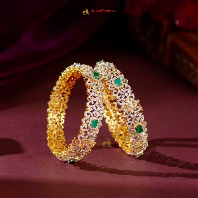 Elegant 18K Diamond Emerald Bridal Bangles | Asopalavjewellers